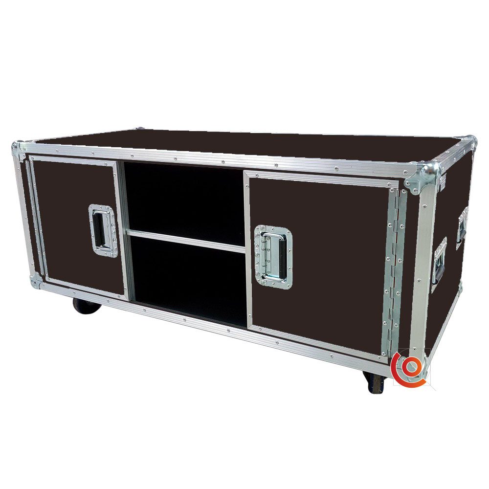 flight case intérieur maison meuble de télévision avec tablette centrale brun