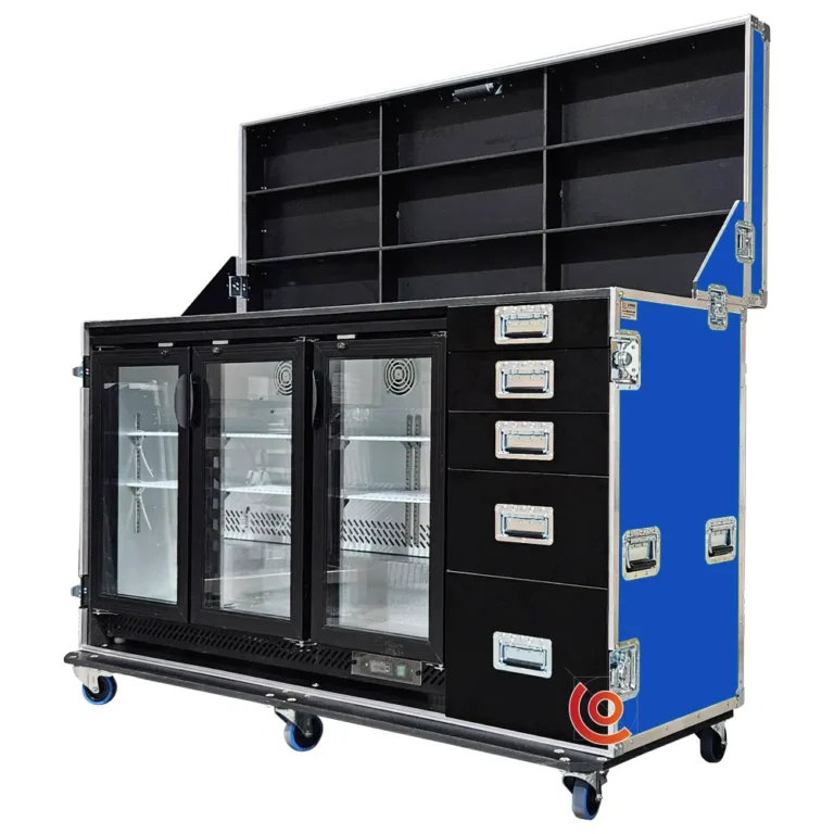Flight case motorsport catering frigo 2 portes en contreplaqué pvc bleu