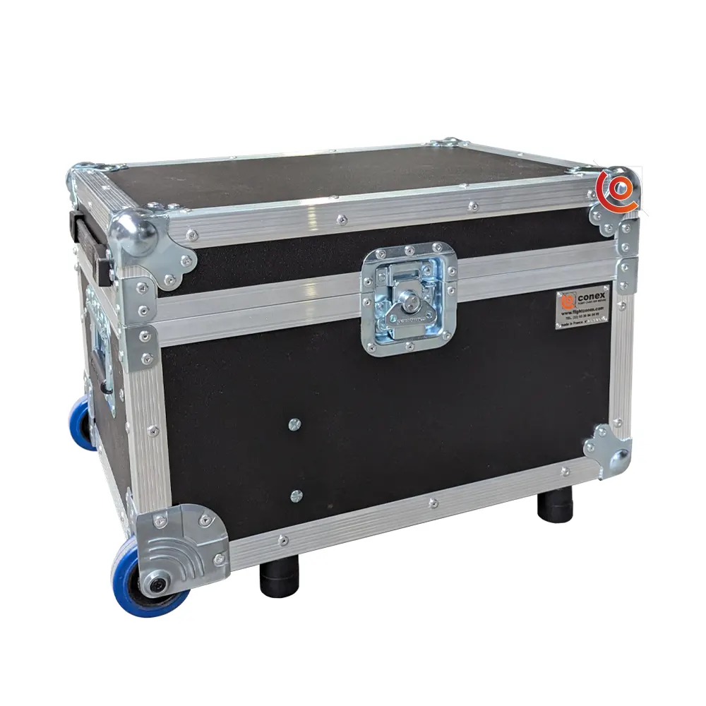 Flight case trolley noir avec intérieur en mousse, roues bleues, poignée télescopique Conex online